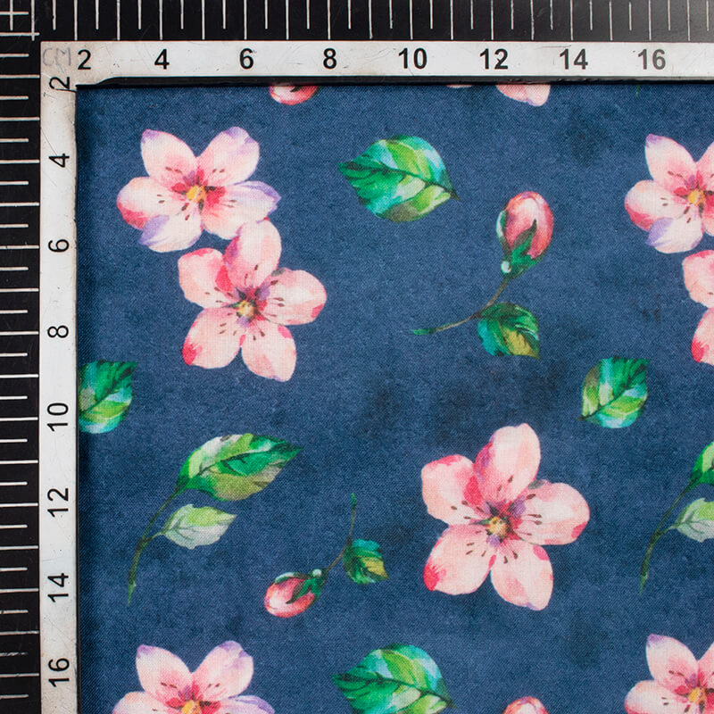 Lapis Blue And Peach Floral Pattern Digital Print Rayon Fabric - Fabcurate