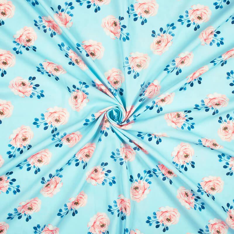 Sky Blue And Peach Floral Pattern Digital Print Rayon Fabric - Fabcurate