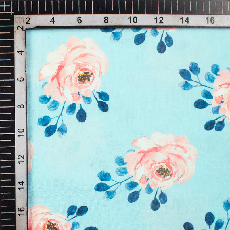 Sky Blue And Peach Floral Pattern Digital Print Rayon Fabric - Fabcurate