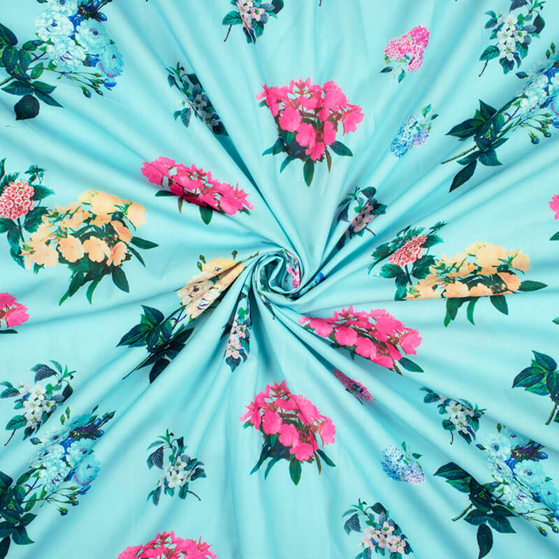 Celeste Blue And Yellow Floral Pattern Digital Print Rayon Fabric - Fabcurate