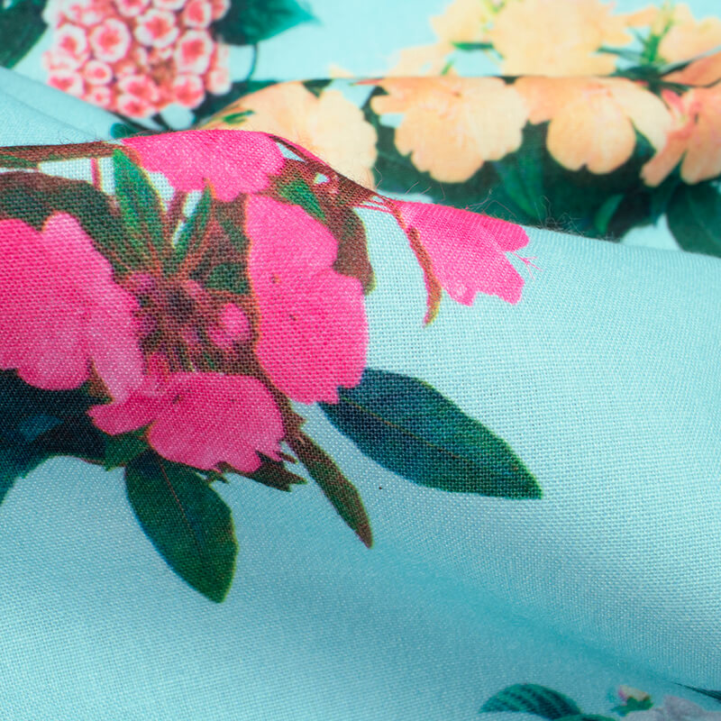 Celeste Blue And Yellow Floral Pattern Digital Print Rayon Fabric - Fabcurate