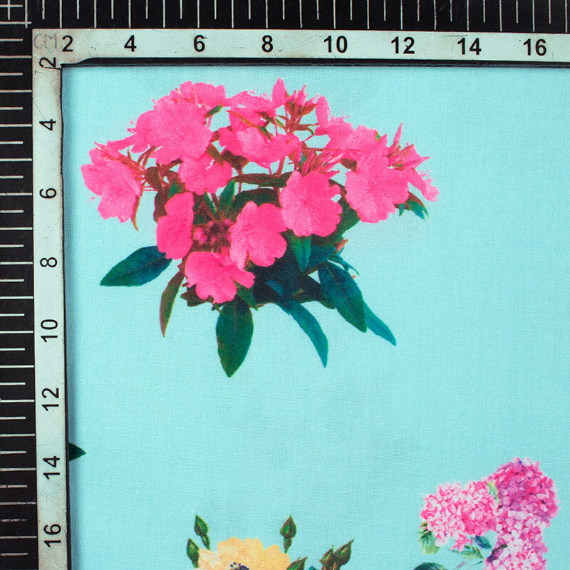 Celeste Blue And Yellow Floral Pattern Digital Print Rayon Fabric - Fabcurate