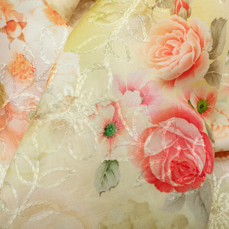 Yellow And Pink Floral Pattern Digital Print Embrodery Muslin Fabric - Fabcurate