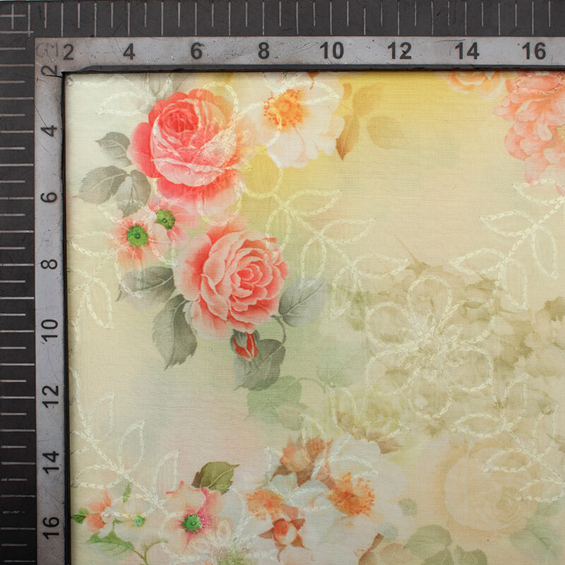 Yellow And Pink Floral Pattern Digital Print Embrodery Muslin Fabric - Fabcurate