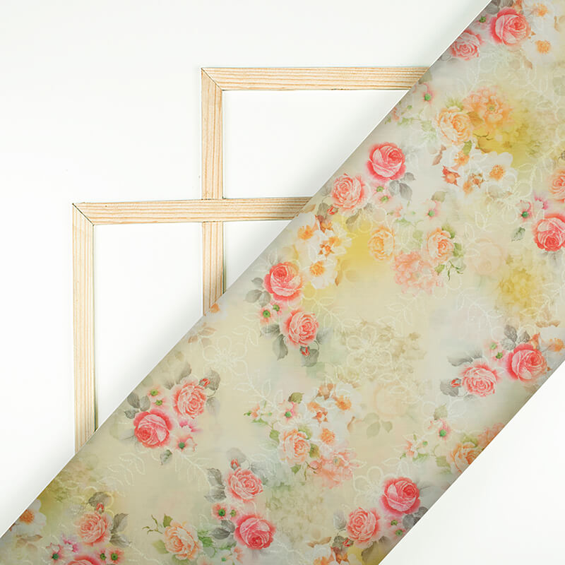 Yellow And Pink Floral Pattern Digital Print Embrodery Muslin Fabric - Fabcurate
