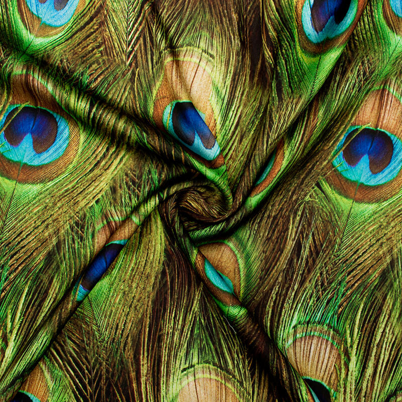 Green And Navy Blue Peacock Feather Pattern Digital Print Japan Satin Fabric