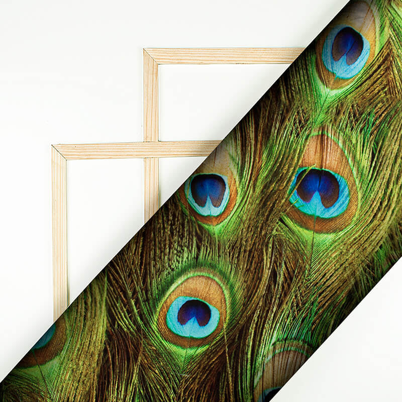 Green And Navy Blue Peacock Feather Pattern Digital Print Japan Satin Fabric