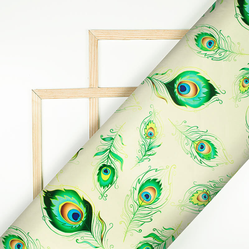 Cream And Green Peacock Feather Pattern Digital Print Japan Satin Fabric