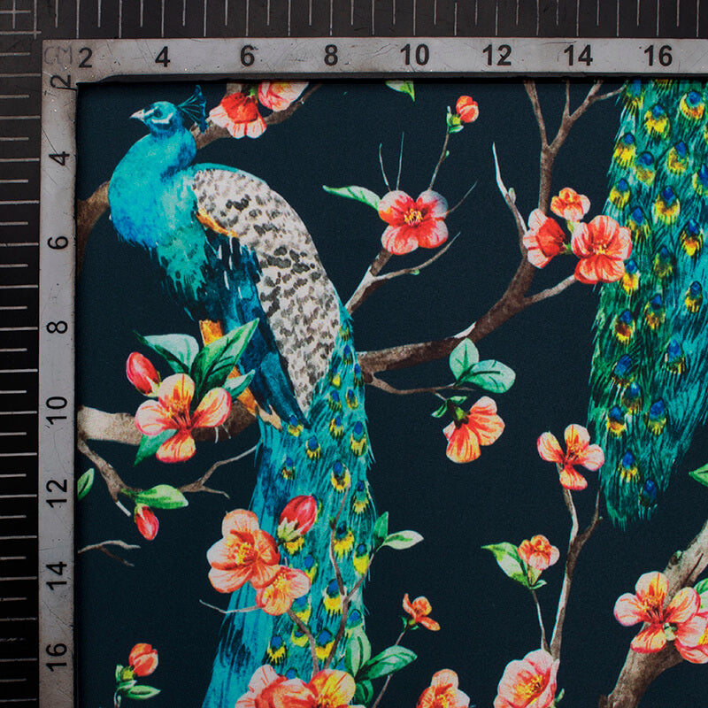 Black And Blue Peacock Pattern Digital Print Japan Satin Fabric - Fabcurate