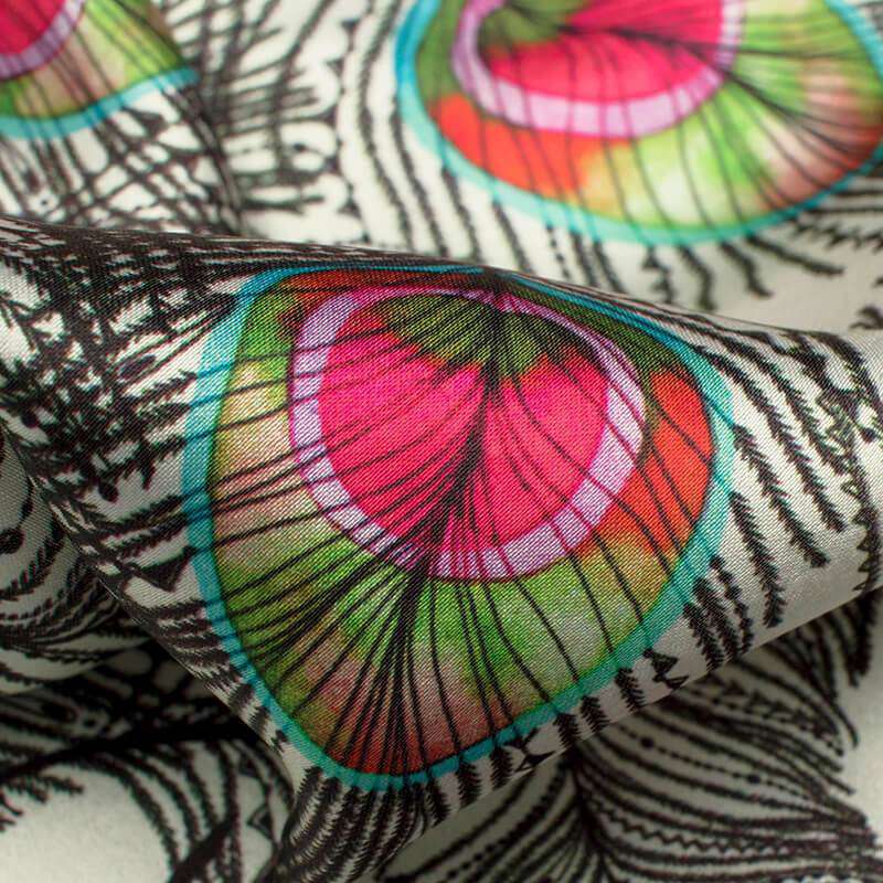 Black And Cerise Pink Peacock Feather Pattern Digital Print Japan Satin Fabric - Fabcurate