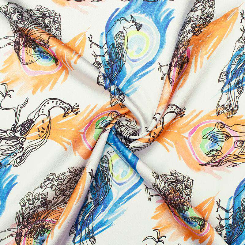 White And Orange Peacock Feather Pattern Digital Print Japan Satin Fabric - Fabcurate