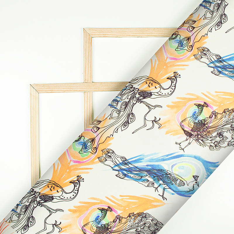 White And Orange Peacock Feather Pattern Digital Print Japan Satin Fabric - Fabcurate