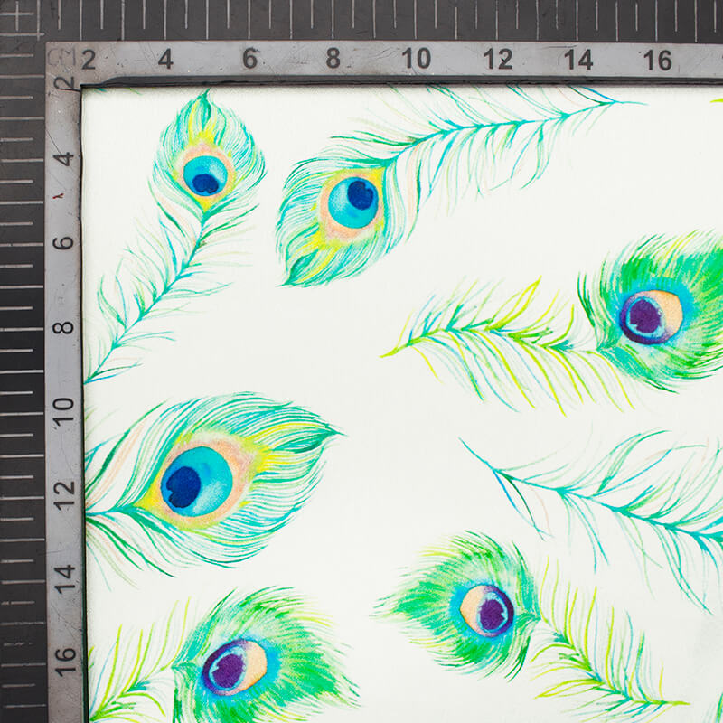 White And Green Peacock Feather Pattern Digital Print Japan Satin Fabric - Fabcurate