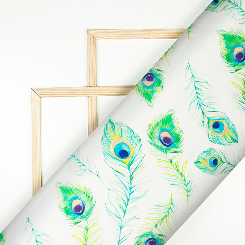 White And Green Peacock Feather Pattern Digital Print Japan Satin Fabric - Fabcurate