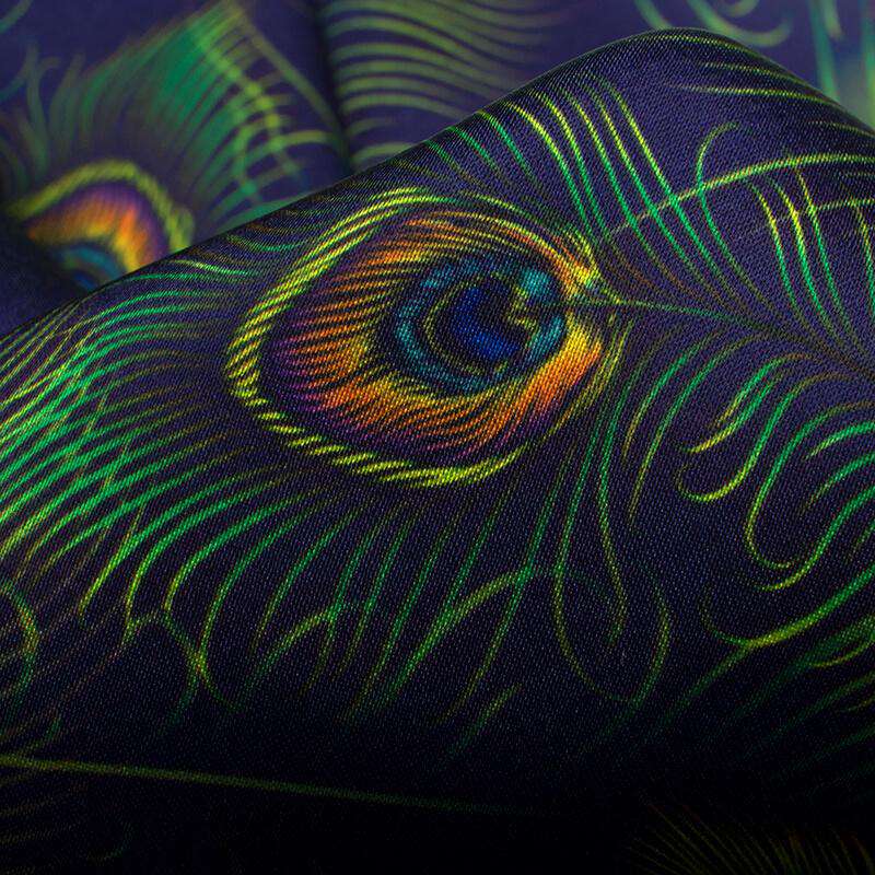 Navy Blue And Liril Green Peacock Feather Pattern Digital Print Japan Satin Fabric - Fabcurate