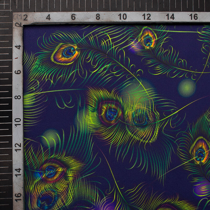 Navy Blue And Liril Green Peacock Feather Pattern Digital Print Japan Satin Fabric - Fabcurate