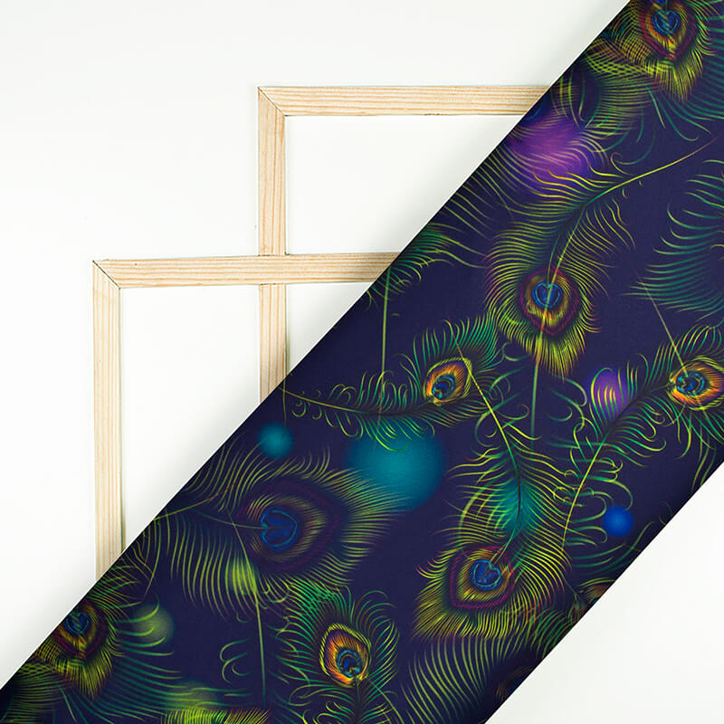 Navy Blue And Liril Green Peacock Feather Pattern Digital Print Japan Satin Fabric - Fabcurate