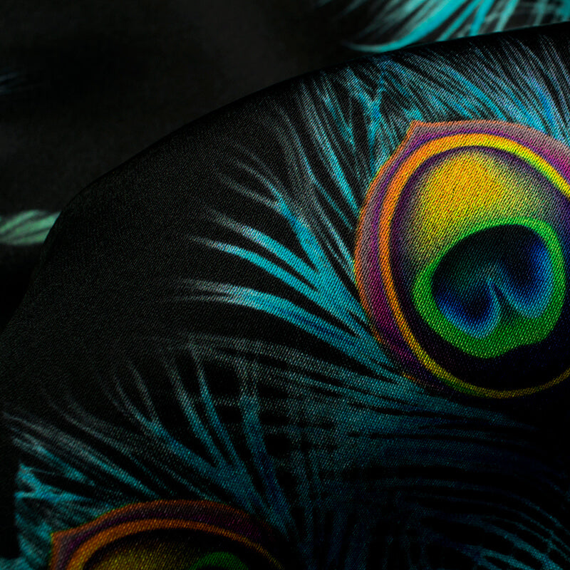 Black And Multi-Color Peacock Feather Pattern Digital Print Japan Satin Fabric - Fabcurate