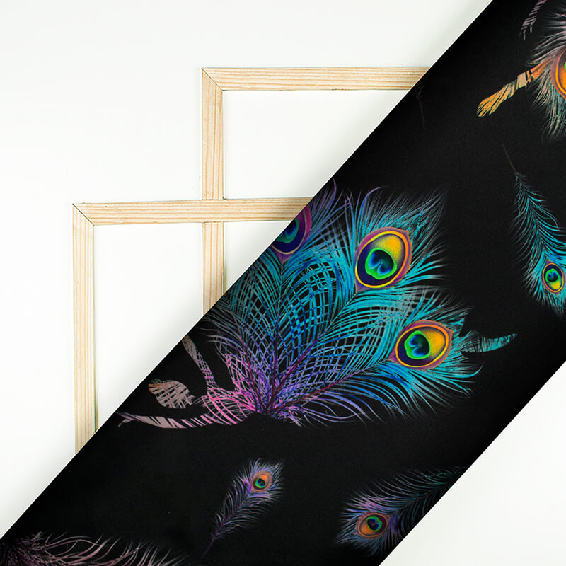 Black And Multi-Color Peacock Feather Pattern Digital Print Japan Satin Fabric - Fabcurate