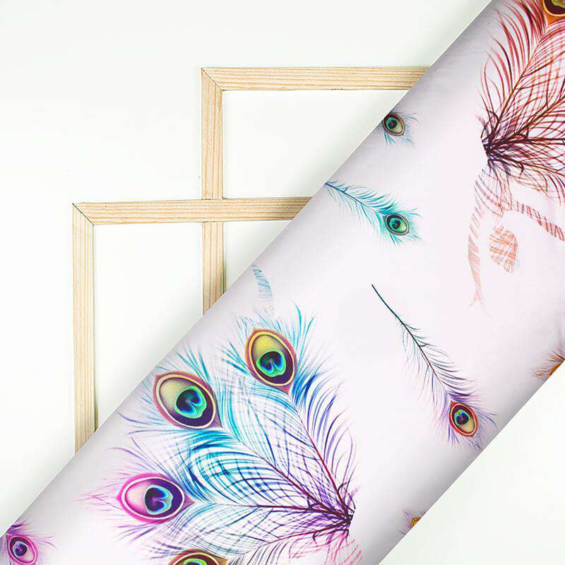 Baby Pink And Multi-Color Peacock Feather Pattern Digital Print Japan Satin Fabric - Fabcurate