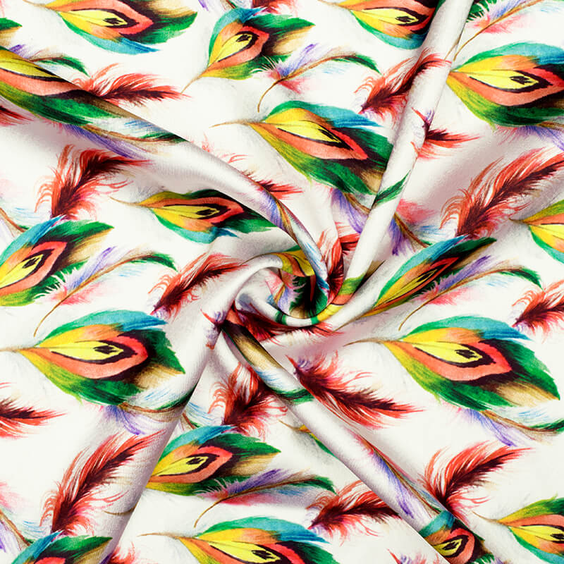 White And Red Peacock Feather Pattern Digital Print Japan Satin Fabric - Fabcurate