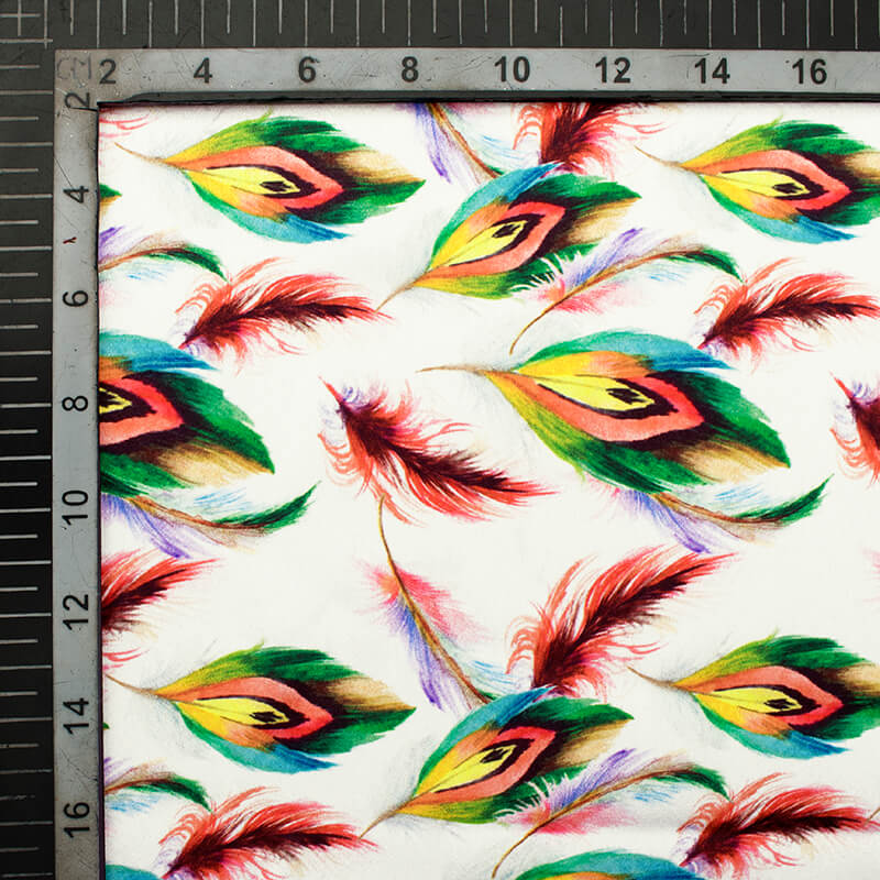 White And Red Peacock Feather Pattern Digital Print Japan Satin Fabric - Fabcurate