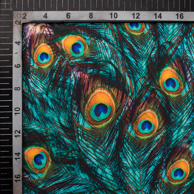 Teal Green And Fire Yellow Peacock Feather Pattern Digital Print Japan Satin Fabric - Fabcurate