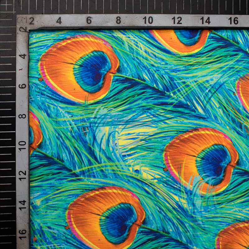 Turquoise And Squash Orange Peacock Feather Pattern Digital Print Japan Satin Fabric - Fabcurate