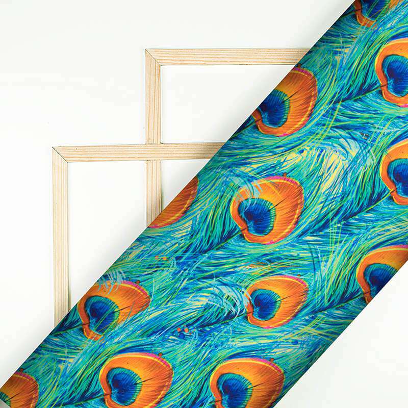 Turquoise And Squash Orange Peacock Feather Pattern Digital Print Japan Satin Fabric - Fabcurate