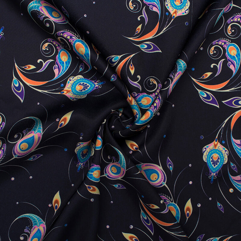 Black And Blue Peacock Feather Pattern Digital Print Japan Satin Fabric - Fabcurate