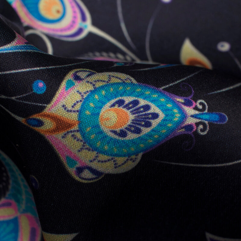 Black And Blue Peacock Feather Pattern Digital Print Japan Satin Fabric - Fabcurate