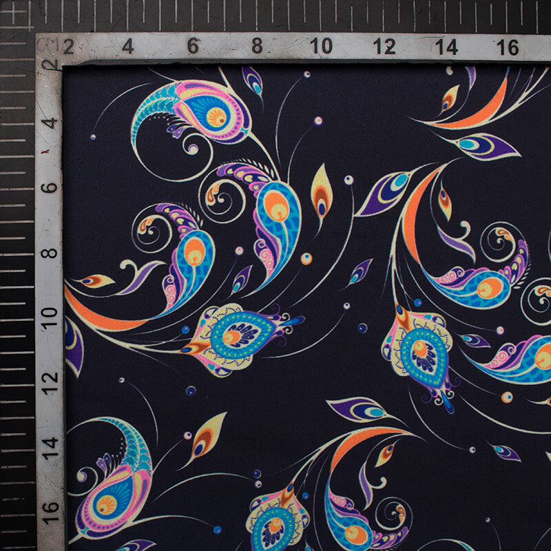 Black And Blue Peacock Feather Pattern Digital Print Japan Satin Fabric - Fabcurate