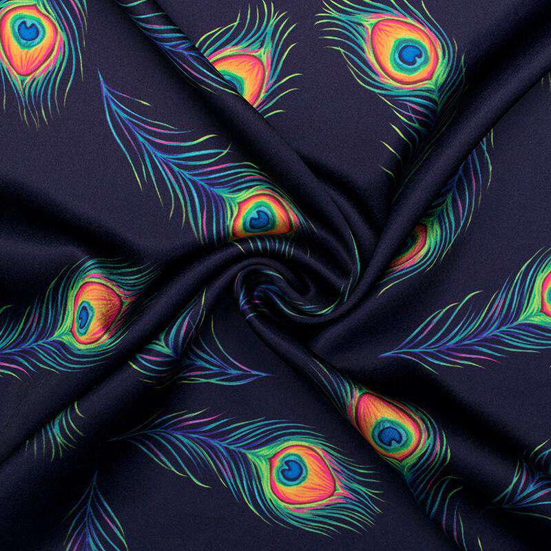 Navy Blue And Pink Peacock Feather Pattern Digital Print Japan Satin Fabric - Fabcurate