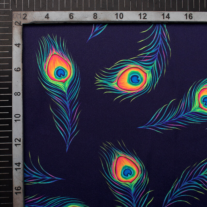 Navy Blue And Pink Peacock Feather Pattern Digital Print Japan Satin Fabric - Fabcurate