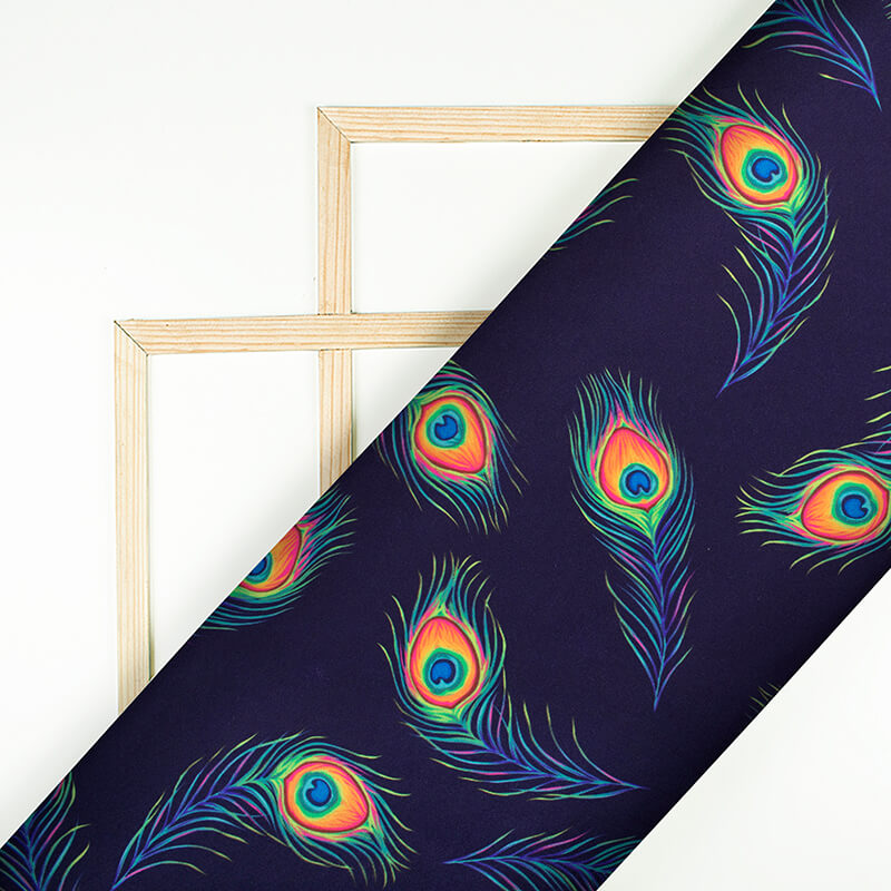 Navy Blue And Pink Peacock Feather Pattern Digital Print Japan Satin Fabric - Fabcurate