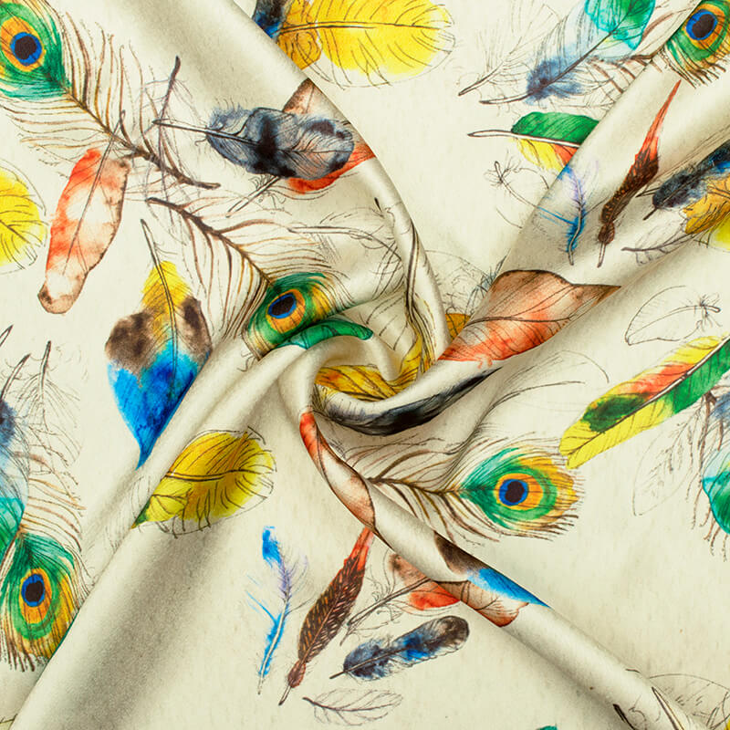 Cream And Multi-Color Peacock Feather Pattern Digital Print Japan Satin Fabric - Fabcurate