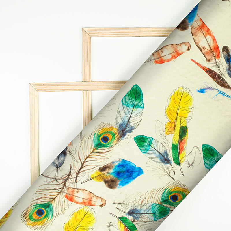 Cream And Multi-Color Peacock Feather Pattern Digital Print Japan Satin Fabric - Fabcurate