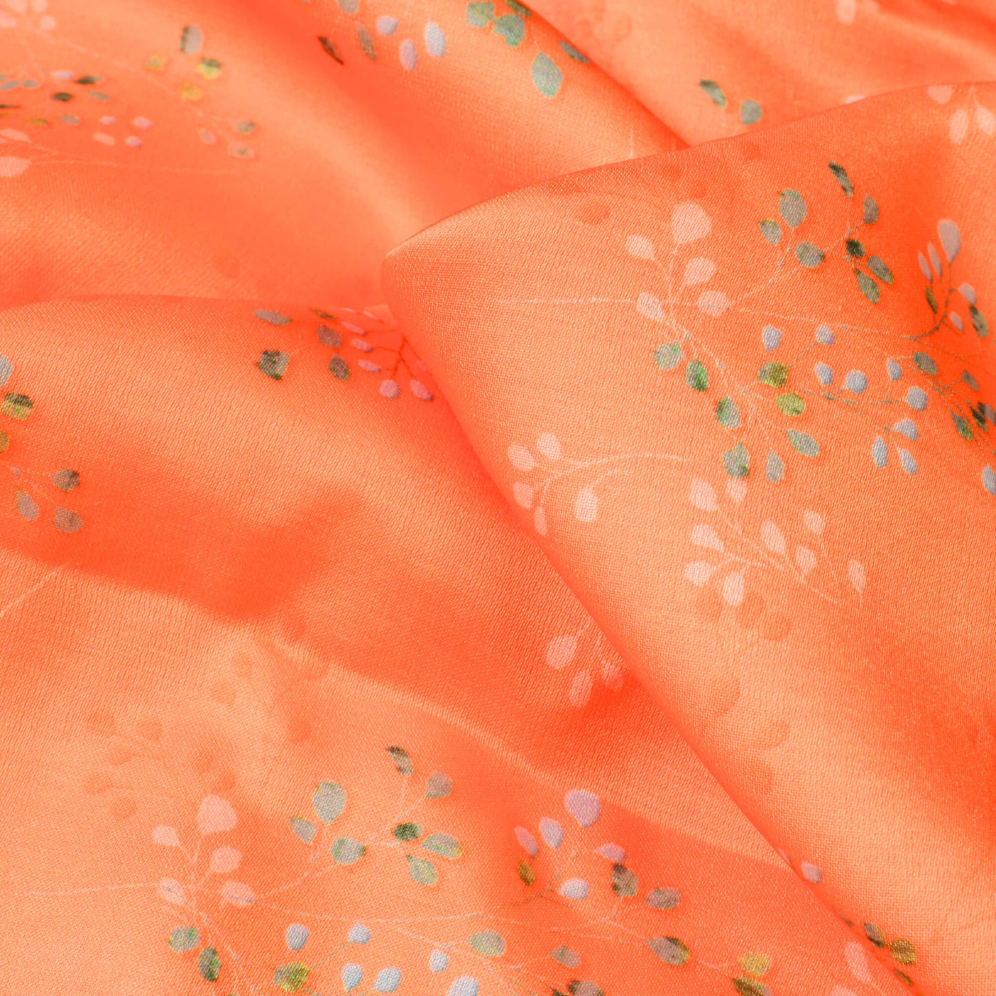 Melon Orange And Mint Green Floral Pattern Digital Print Modal Satin Fabric (Width 58 Inches)