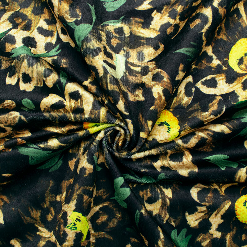Black And Lime Yellow Animal Pattern Digital Print Velvet Fabric (Width 54 inches) - Fabcurate