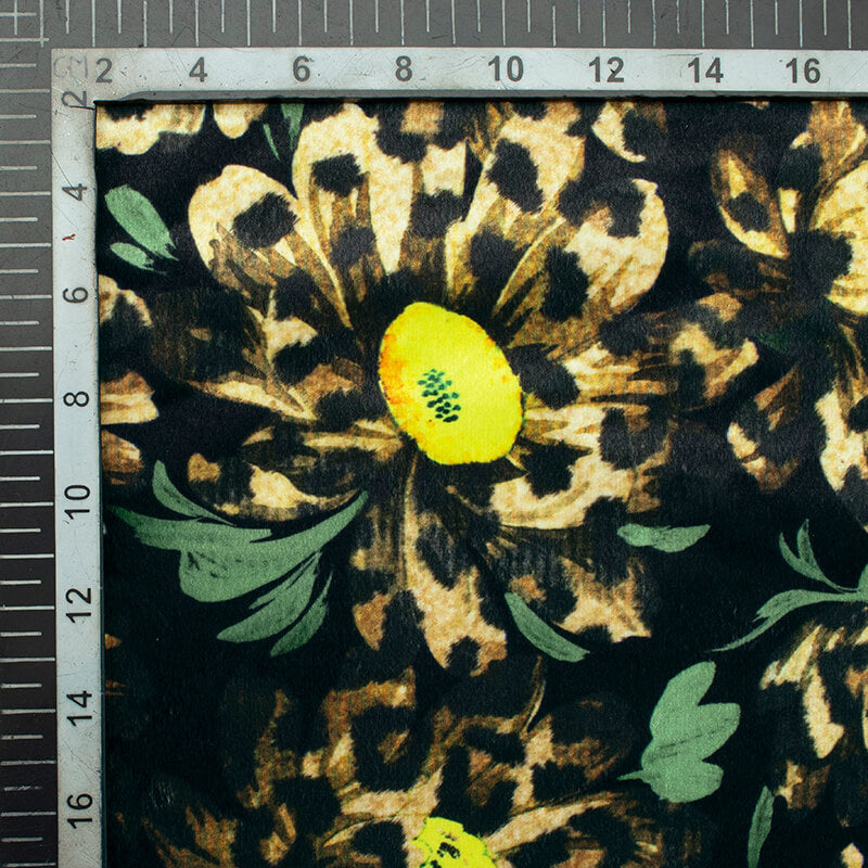 Black And Lime Yellow Animal Pattern Digital Print Velvet Fabric (Width 54 inches) - Fabcurate