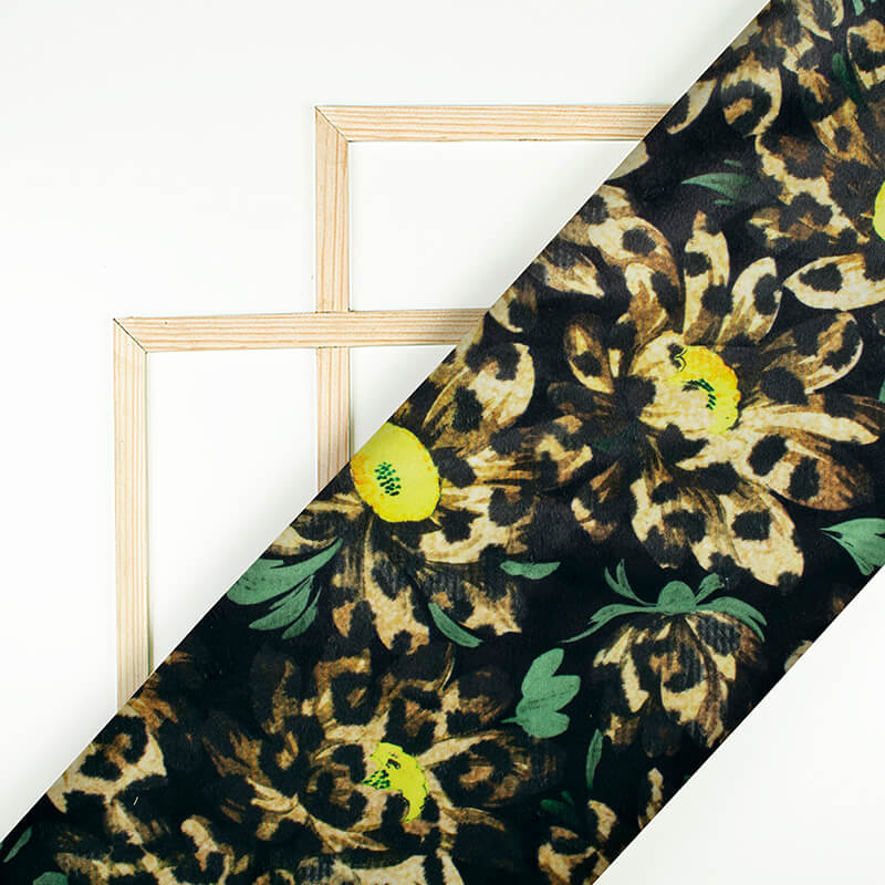 Black And Lime Yellow Animal Pattern Digital Print Velvet Fabric (Width 54 inches) - Fabcurate