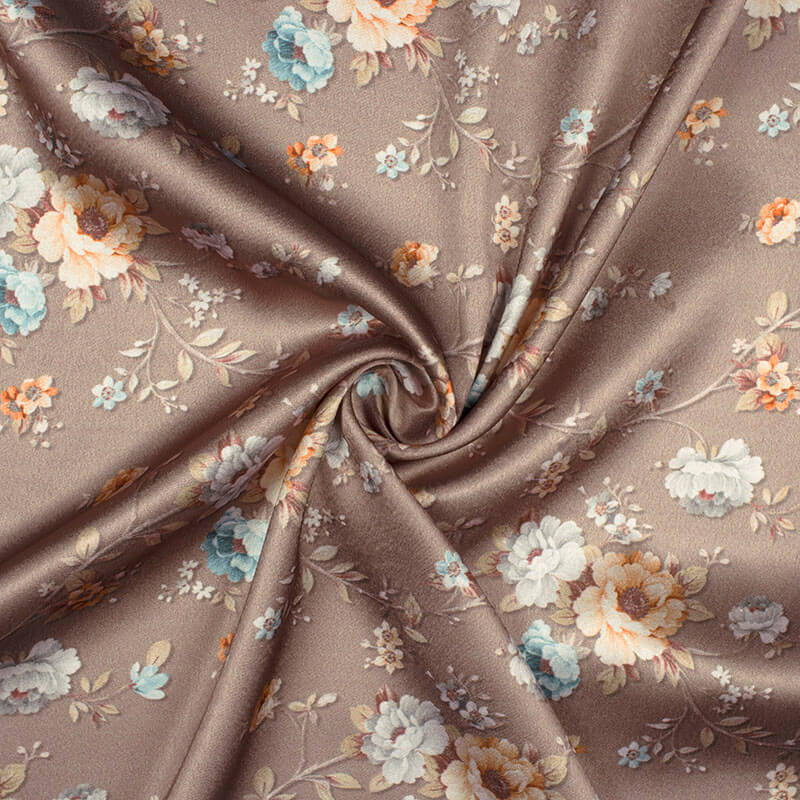 Light Coffee Brown And Light Orange Floral Pattern Digital Print Japan Satin Fabric - Fabcurate