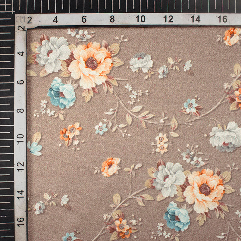 Light Coffee Brown And Light Orange Floral Pattern Digital Print Japan Satin Fabric - Fabcurate