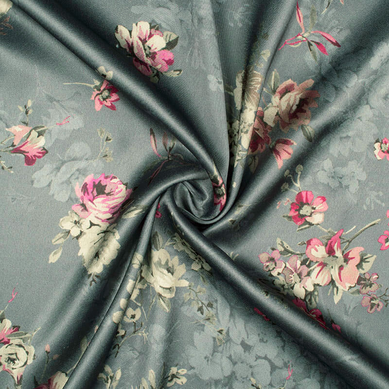 Lava Grey And Cream Floral Pattern Digital Print Japan Satin Fabric - Fabcurate