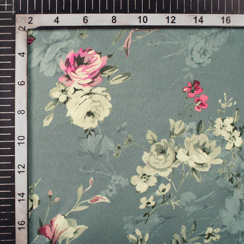Lava Grey And Cream Floral Pattern Digital Print Japan Satin Fabric - Fabcurate