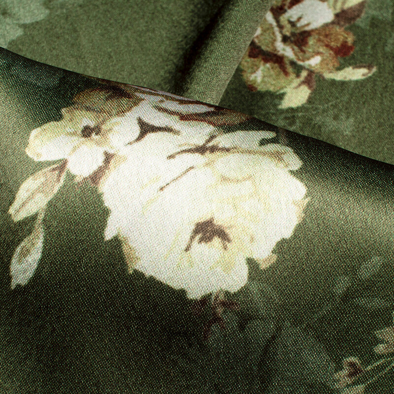Pickle Green And Cream Floral Pattern Digital Print Japan Satin Fabric - Fabcurate