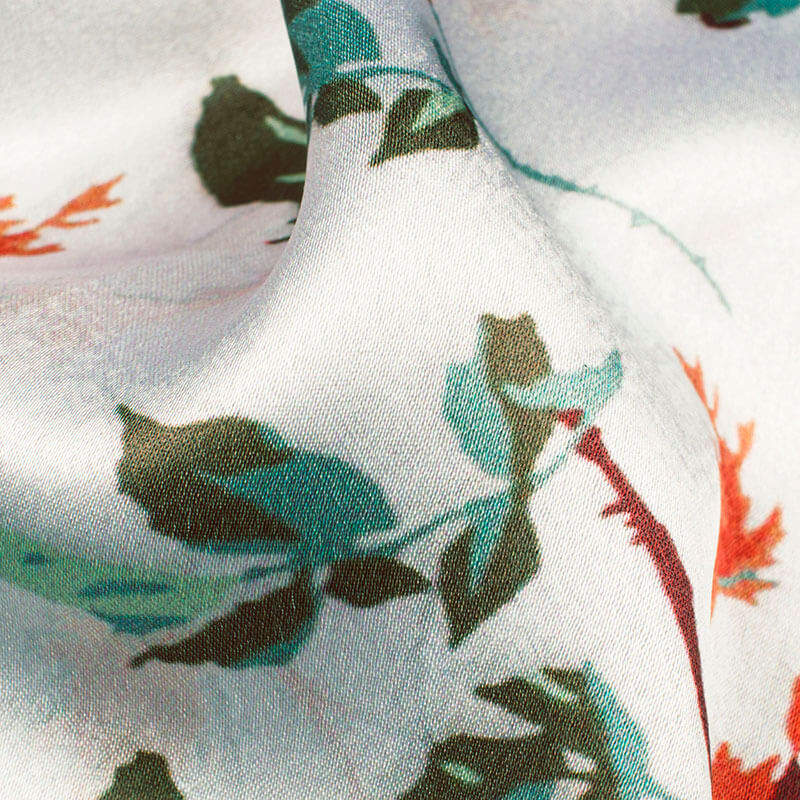 Frosting Cream And Army Green Floral Pattern Digital Print Japan Satin Fabric - Fabcurate