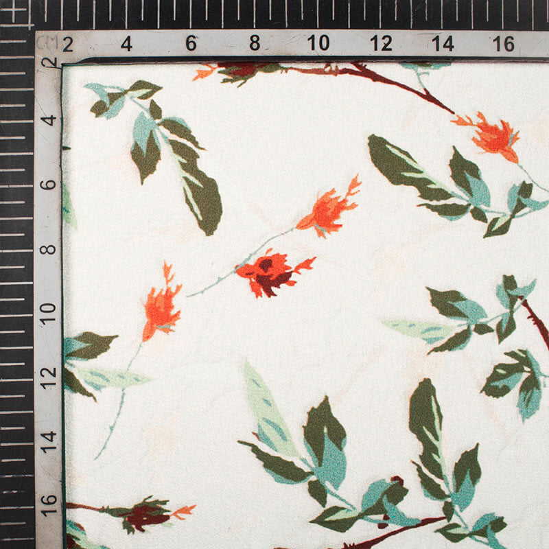 Frosting Cream And Army Green Floral Pattern Digital Print Japan Satin Fabric - Fabcurate