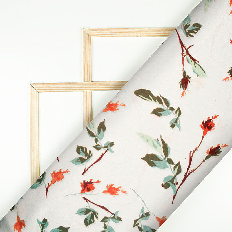 Frosting Cream And Army Green Floral Pattern Digital Print Japan Satin Fabric - Fabcurate