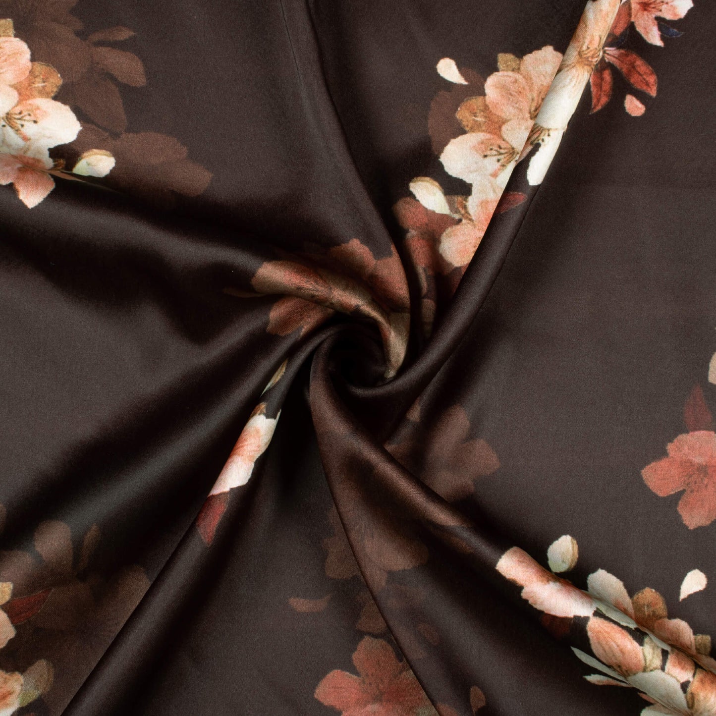 Dark Brown And Peach Floral Pattern Digital Print Japan Satin Fabric